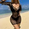 Women Summer Beach Cover Up Hollow Out Long Sleeves Slim Fit Low Cut V Neck Backless See Through Bikini Beach Mini Dress Beach Mock