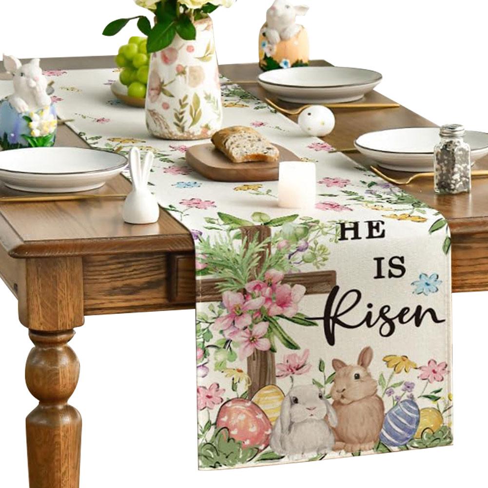 Easter Bunny Linen Table Runner Bunny Dining Table Cloth Placemat Washable Table Flag Spring Holiday Happy Easter Decoration
