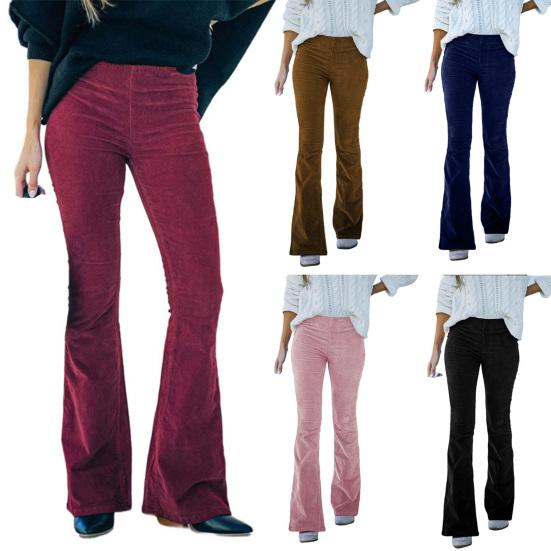 Women Flared Pants Elastic High Waist Solid Color Casual Trousers with Pockets Autumn Winter Long Pants
