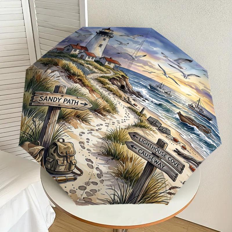 1PC Lighthouse Sandy Umbrella-8-Rib Reinforced Portable Folding Travel Suitable for All Seasons Outdoor Daily Use Is an Ideal Choice  -K0398