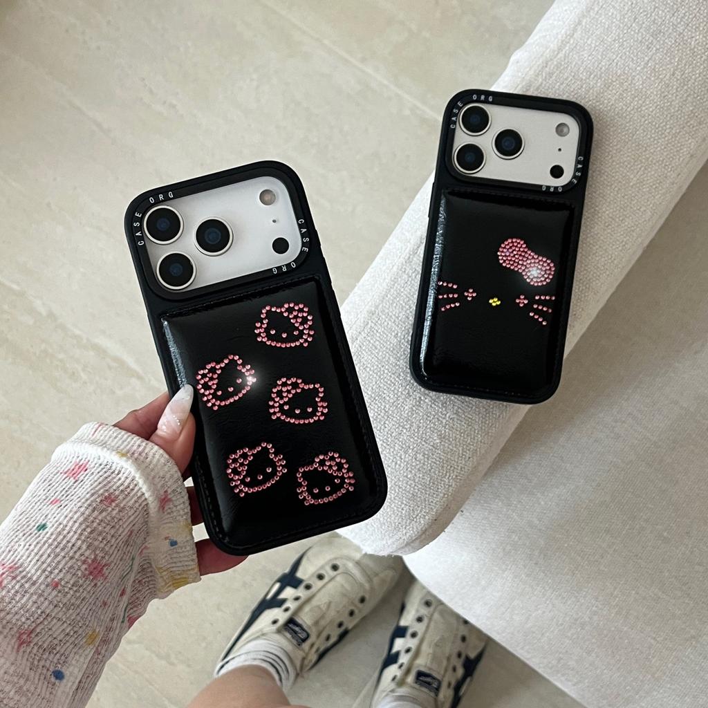 Черная кожаная вспышка с бриллиантами KT-кот для iPhone17promax Apple 14 чехол для мобильного телефона 16pro защитный чехол 15 мультяшный