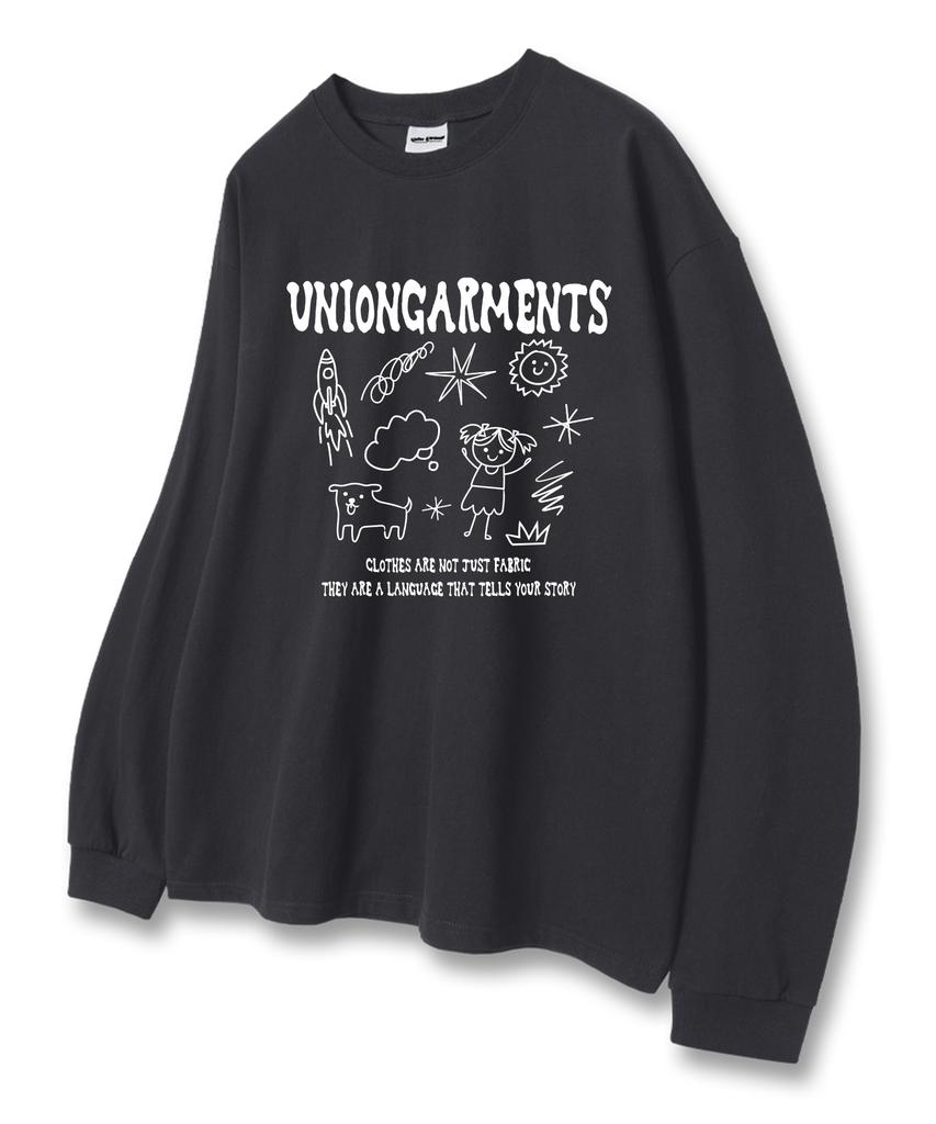 UNION GARMENTS Cutie Girl Sketch Loose Fit Long Sleeve T-Shirt Dark Gray [Basic Or Ribbed]