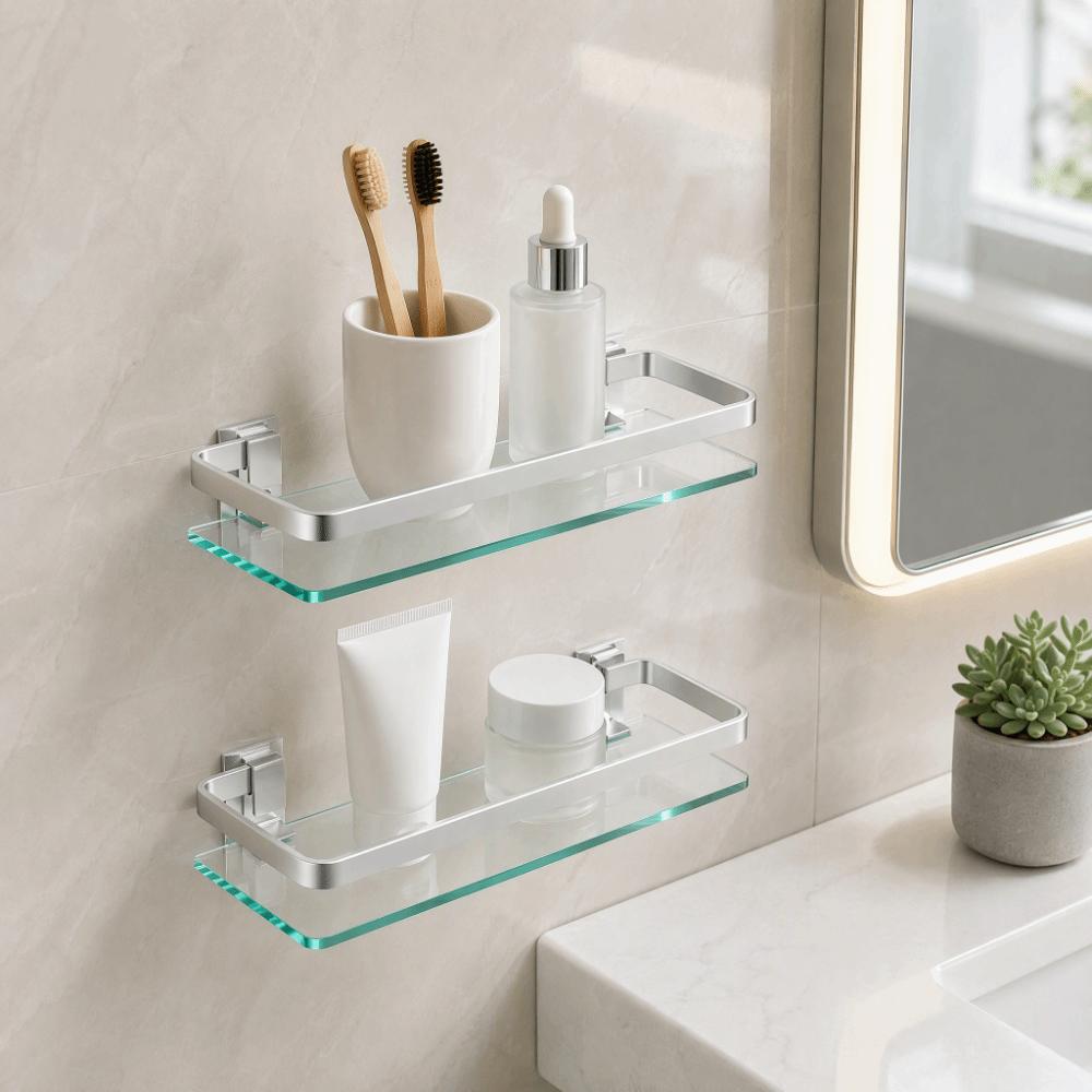 Silver Glass Shelf Organizer Tempered Thickened Glass Shower Caddy Home Organization