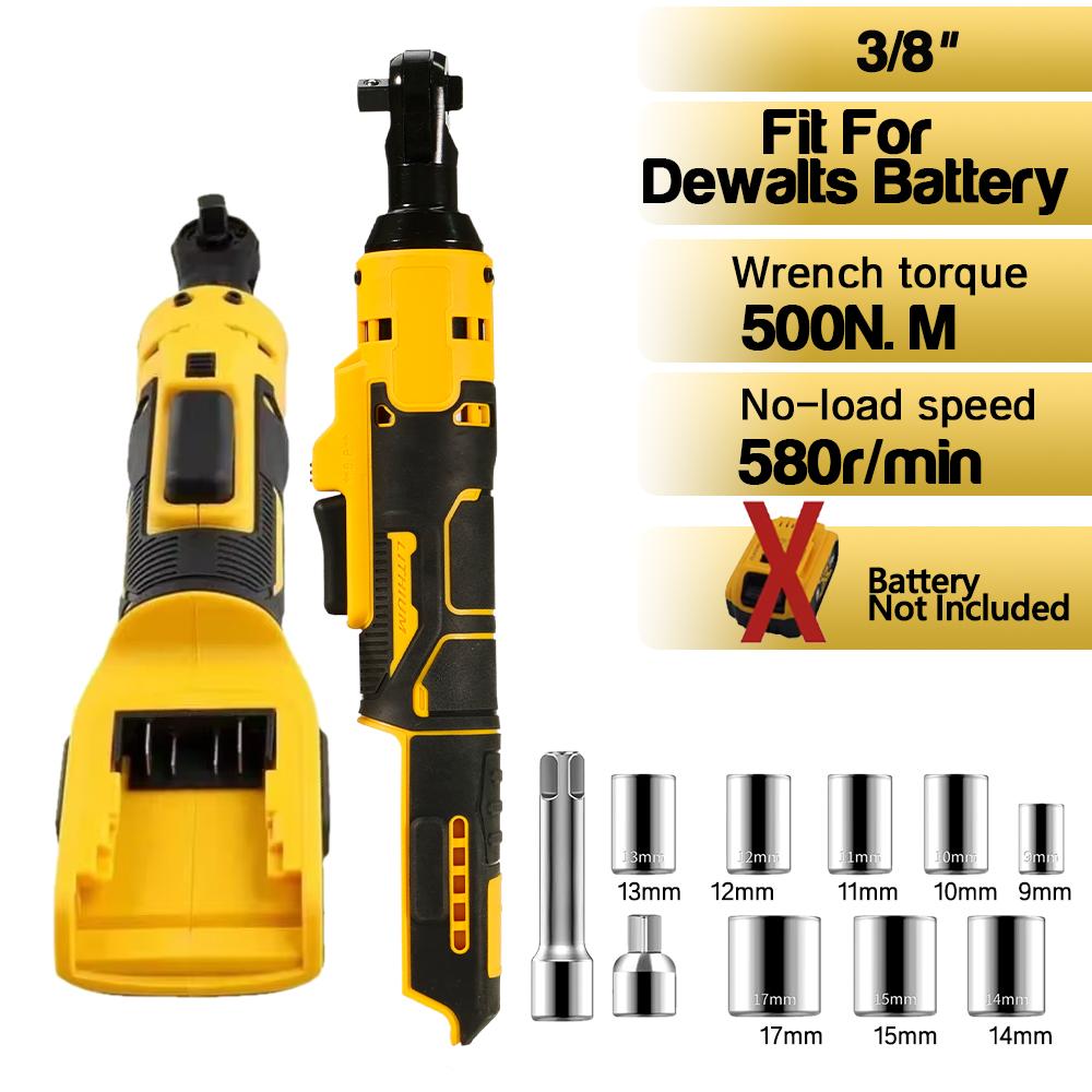 Electric Ratchet Wrench Set 500N.M Cordless 3/8" Power Impact Tool Sockets Kit For DEWALT Battery Car Repair Right Angle Wrench
