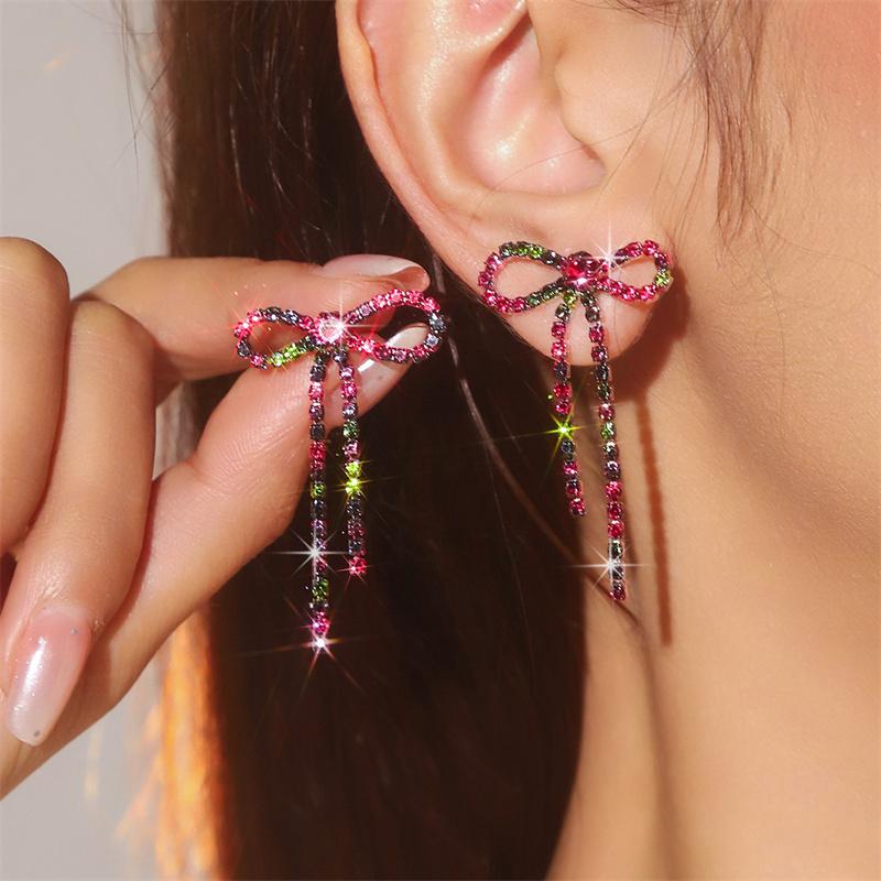 Сладкие серьги-капли с длинной кисточкой из хрустальных страз для женщин и девушек, полые серьги-подвески с кристаллами в виде бантиков, праздничная рождественская бижутерия