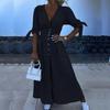 Women's Denim Long Dress V-Neck Short Sleeve Button Down Maxi Dress Casual
