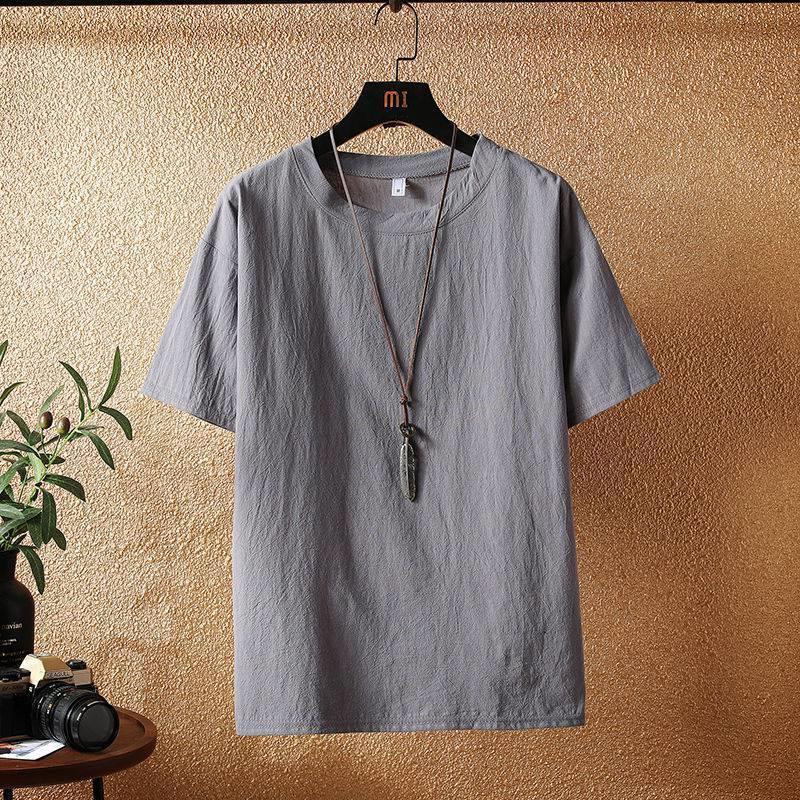 Мужская футболка свободного кроя из хлопка и льна в стиле ретро с коротким рукавом — однотонная, большого размера, с круглым вырезом