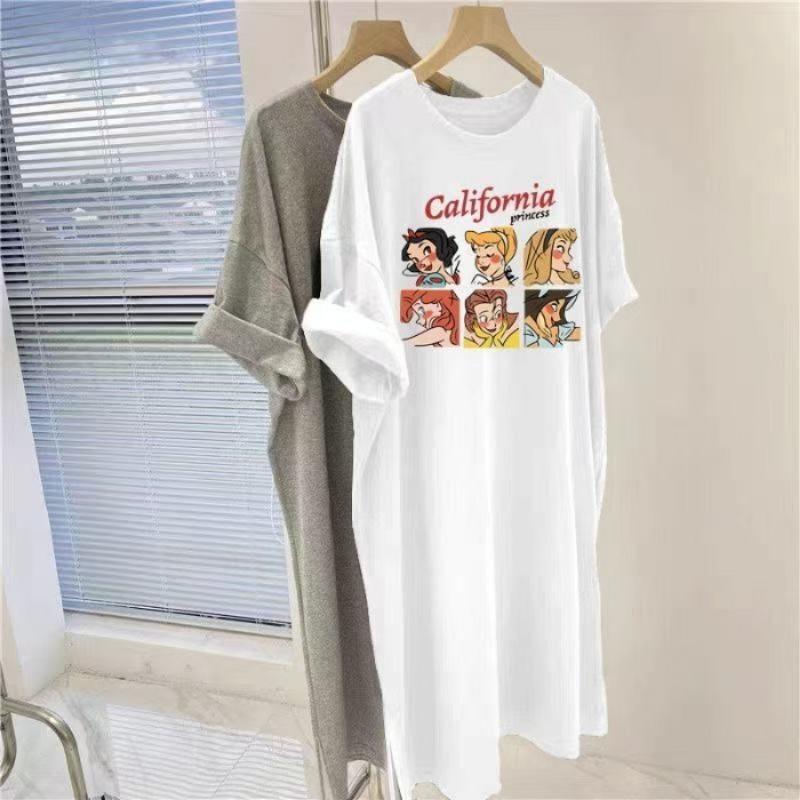 Женское повседневное платье с круглым вырезом и короткими рукавами с рисунком из мультфильмов, летнее платье средней длины с разрезом