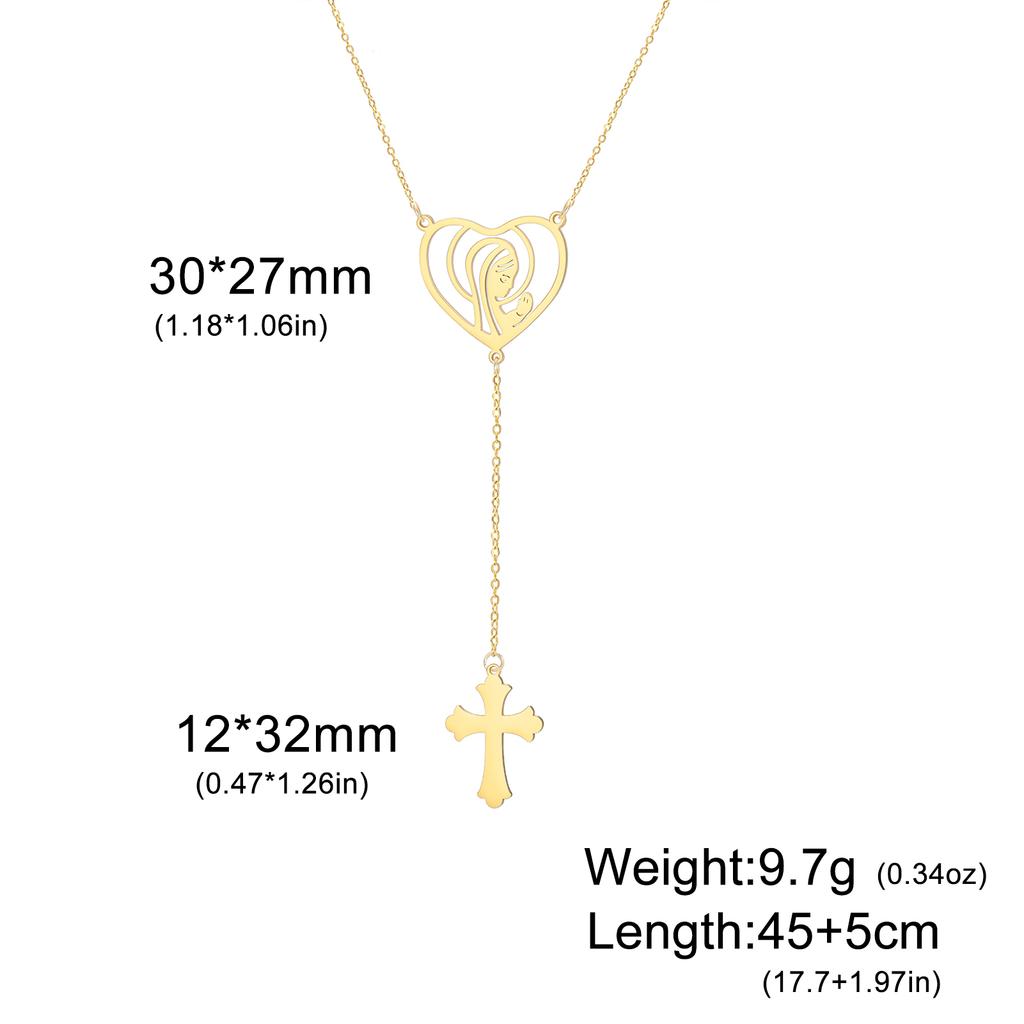 Heart Virgin Mary Cross Y Lariat Necklace Stainless Steel Religious Our Lady Pendant Necklace Christian Faith Jewelry Gift