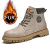 Теплые Новые Плюшевые Меховые Зимние Мужские Брендовые Желтые Уличные Ботинки Ковбойские Ботинки на Шнуровке Кожаные Ботинки для Мотокросса Модные Нескользящие Мужские Ботильоны