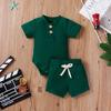 2Pcs Unisex Baby Summer Outfits, Solid Color Ribbed Stand Collar Short Sleeves Romper + Elastic Waist Shorts for Toddler