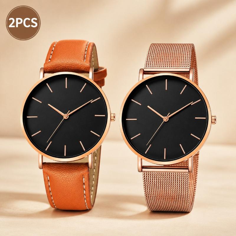 2Pcs Minimalist Lovers Watch Set Slim Round Dial Mesh & Leather Strap Quartz Wrist Watch Elegant Daily Business Couple Watch