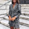 Women  Slim  Long Sleeve Leopard Printing V-Neck Bandage Irregular Dress