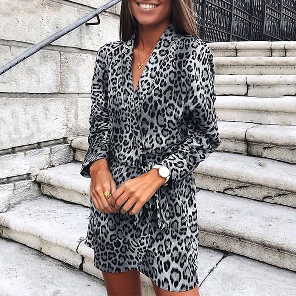 Women  Slim  Long Sleeve Leopard Printing V-Neck Bandage Irregular Dress