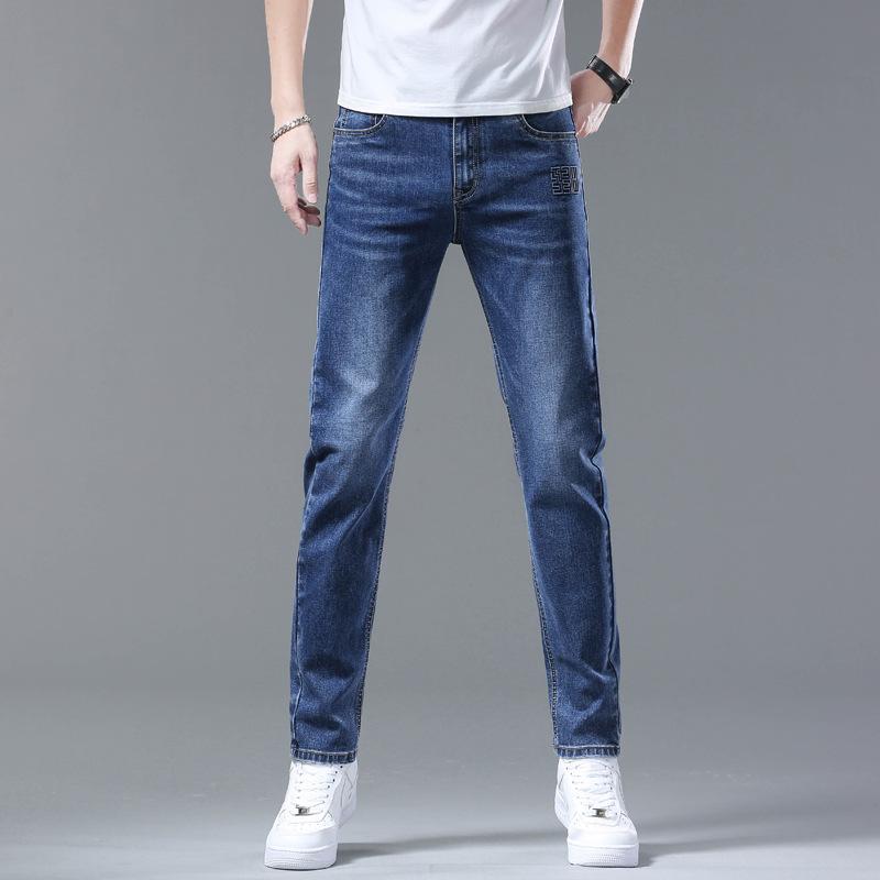 High-end Men's Jeans Dark Blue Abrasive White Tide Soft Breathable Men's Slim Thin Casual Straight Trousers Male