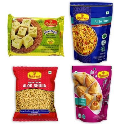 Индийская закуска от Haldiram — мини-самоса + обычная соан-папди + алу-бхуджиа + все в одном (Ассорти из 4 предметов)