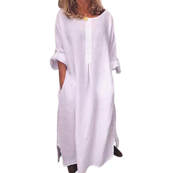 Женское винтажное однотонное платье макси с длинными рукавами и круглым вырезом, кафтан