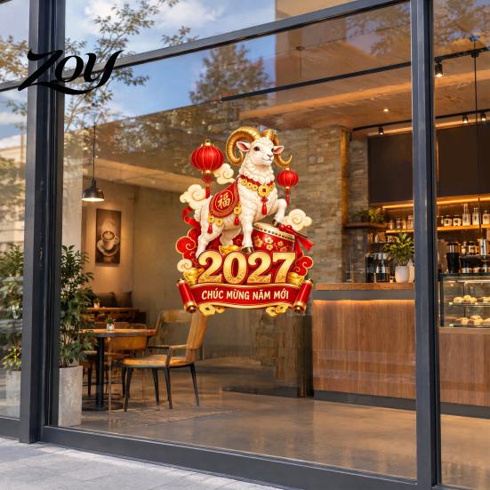 Decorative Storefront Glass Film 2027 Zodiac Sheep Sticker, Vietnamese Happy New Year Static Window of The Decorations Decal, Removable Festive
