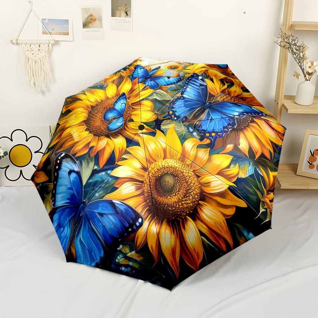 Sunflower And Butterfly Garden A Vibrant Floral Artwork Compact Travel Automatic Umbrella With 8 Rib Foldable Design Travel Essential Fashionable