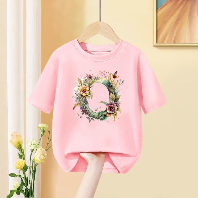 Девочки Футболка С Пользовательским Именем Комбинация Букв Принт Футболка Цветочный Буквенный Шрифт A B C D E F G Короткий Рукав Детские Розовые Топы