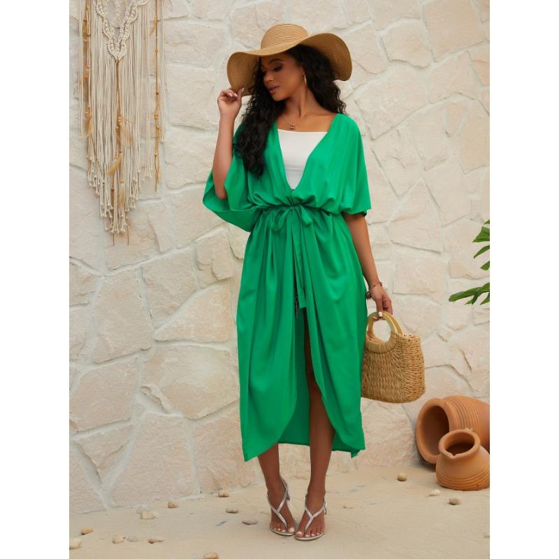 Длинный хлопковый кардиган с рукавами кимоно и завязкой спереди для пляжного отдыха