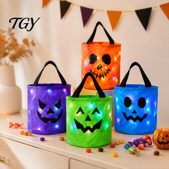 Halloween Trick or Treat Bags Glowing Pumpkin Candy Bag LED Light up Bucket Toddler Holders Reusable Waterproof Oxford Fabric Tote with Handle