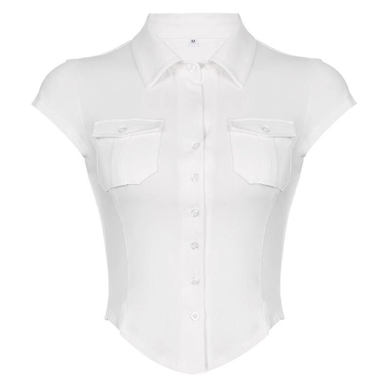 Женская летняя рубашка в гонконгском стиле, белая, приталенная, с коротким рукавом и воротником поло