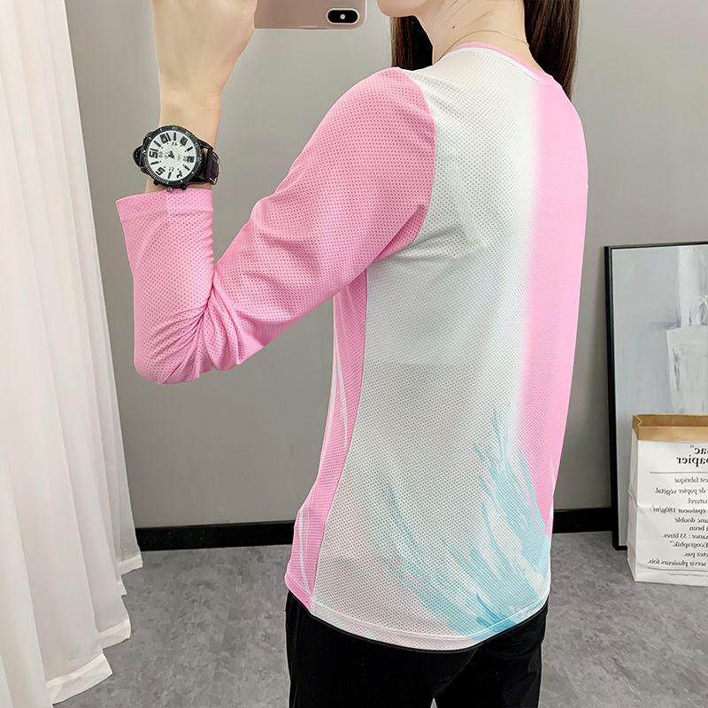 Ice Silk Quick Dry Long Sleeve T-Shirt Women Breathable Elastic Slim Base Top Outdoor Running Casual Tee