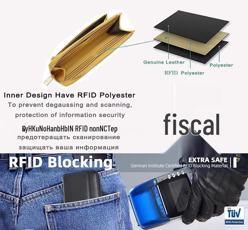 Женский RFID-кошелек L-образной формы из натуральной кожи с защитой от кражи и молнией