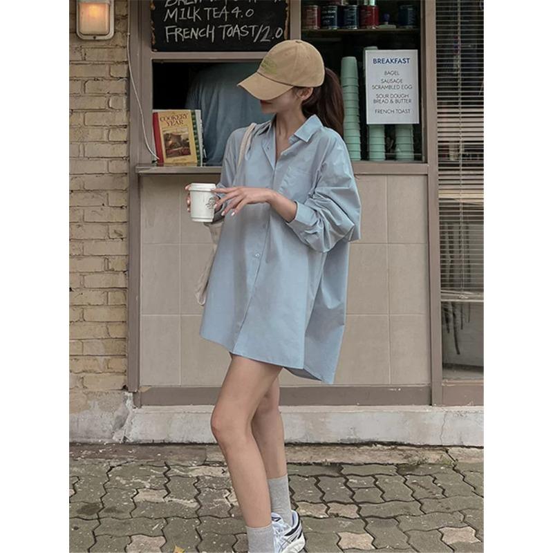 Blue Shirt Top Women's Autumn Design Lazy Style Niche Loose Mid-length Versatile Long-sleeved Button-down