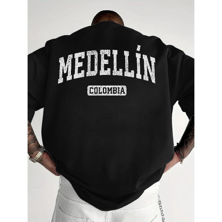 Мужская черная толстовка с круглым вырезом, с состаренным принтом "Medellín Colombia" на спине, свободного кроя, с длинными рукавами, из мягкой смесовой хлопковой ткани для повседневной носки