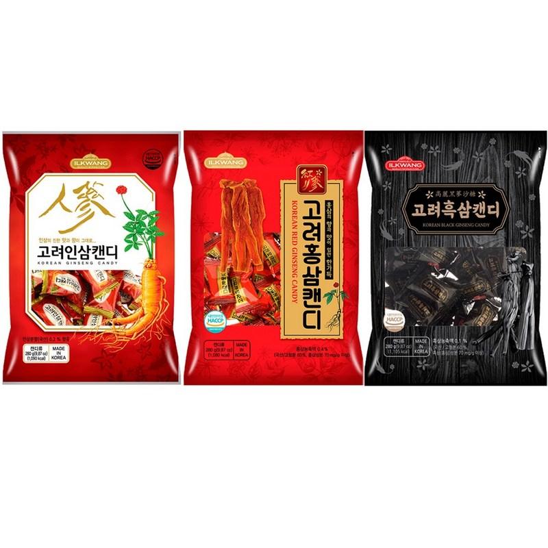 Ilgwang Confectionery Korean Red Ginseng Candy 280g 1p + Korean Ginseng Candy 2 280g 1p + Korean Black Ginseng Candy 280g 1p, 840g, 1 Set
