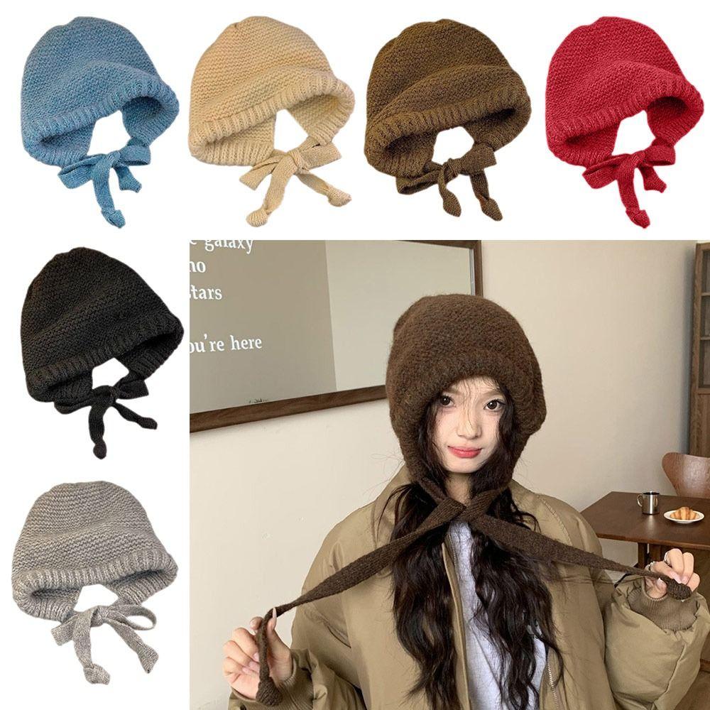 Strap Windproof Rope Knitted Hat Ear Protection Wool Balaclava Hat Cute Pullover Hat  Women