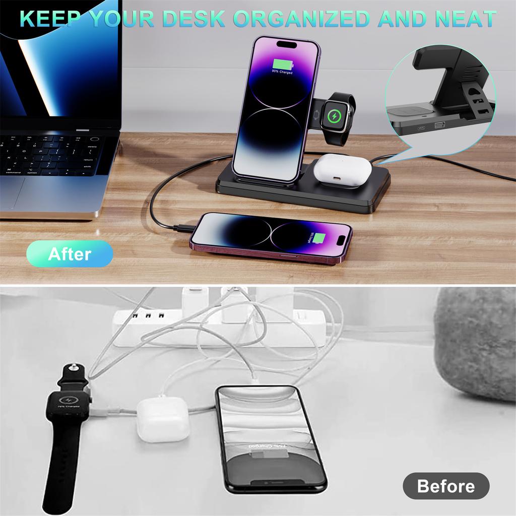 HT-514 3-in-1 Foldable Charging Dock 15W Wireless Charger for Phone/Watch/Earbuds