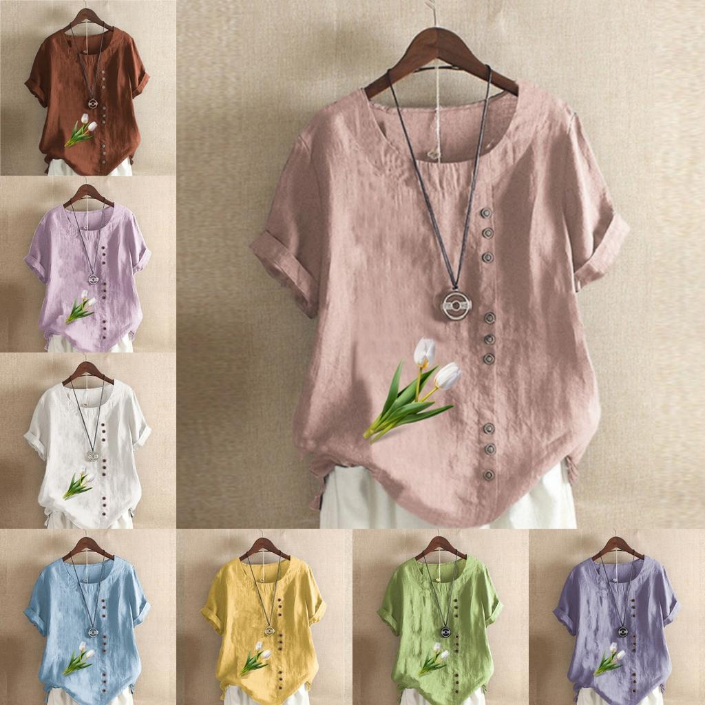 Women's Fashion Round Neck Short Sleeve T-shirt Casual Cotton Linen Graphic Shirt Leisure Loose Tulips Prined Summer Blouse Tops