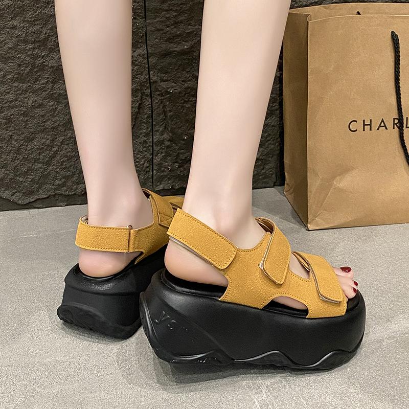 Мода Новая Мода Платформа с Открытым Носком Нубук Кожа Пляжная Обувь Круглый Носок Липучка 8 см Толстый Каблук Повседневные Римские Сандалии