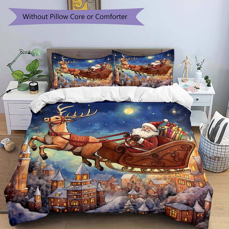 3Pcs Santa Claus Bedding Set Quilt Cover Pillowcase Home Christmas Halloween Gift 1 Duvet Cover 2 Pillowcase S132