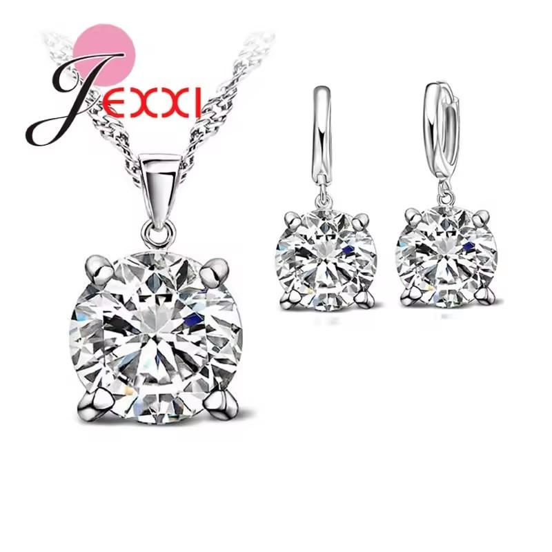 Solid 925 Sterling Silver Jewelry Sets 4 Claws Cubic Zirconia Pendant Necklace Earring Fashion Jewelry For Women SET