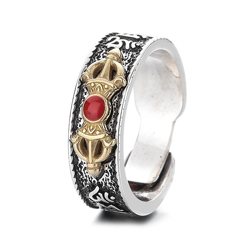 Six -Character Mantra Diamond Ring Male South Red Agate Literature And Art Fan Retro Nation Style