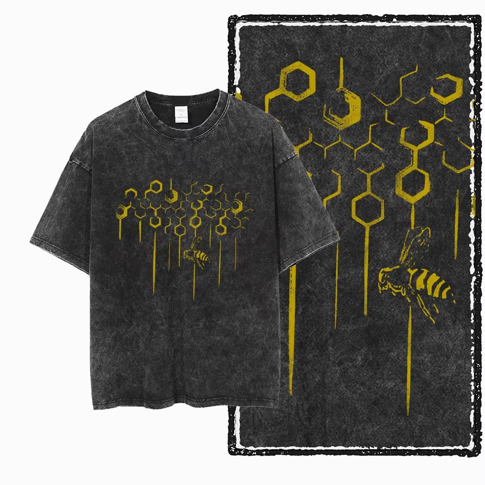 Bee & Insect Themed Graphic Tees, Vintage Washed Black Oversized Streetwear Collection for Nature and Music Fans