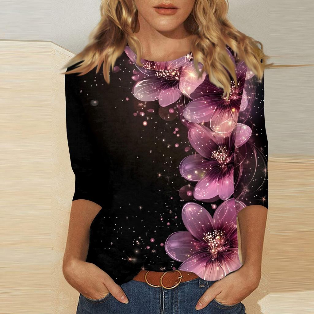 Женский топ с принтом и круглым вырезом, рукавом 3/4