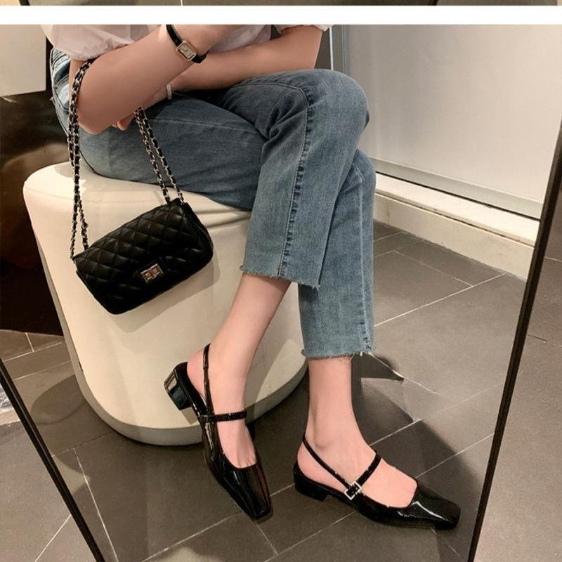 Туфли Мэри Джейн на среднем каблуке для офисной леди, ретро-лакированная кожа, квадратный носок, слинги, женские туфли на толстом каблуке и пустые сандалии