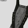 INCERUN Men Square Collar Sleeveless Mesh Sheer Bandage Slim Jumpsuits Bodysuits