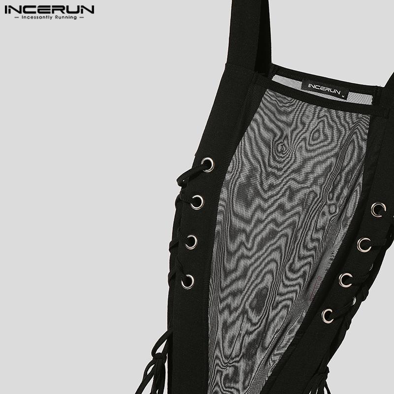 INCERUN Men Square Collar Sleeveless Mesh Sheer Bandage Slim Jumpsuits Bodysuits