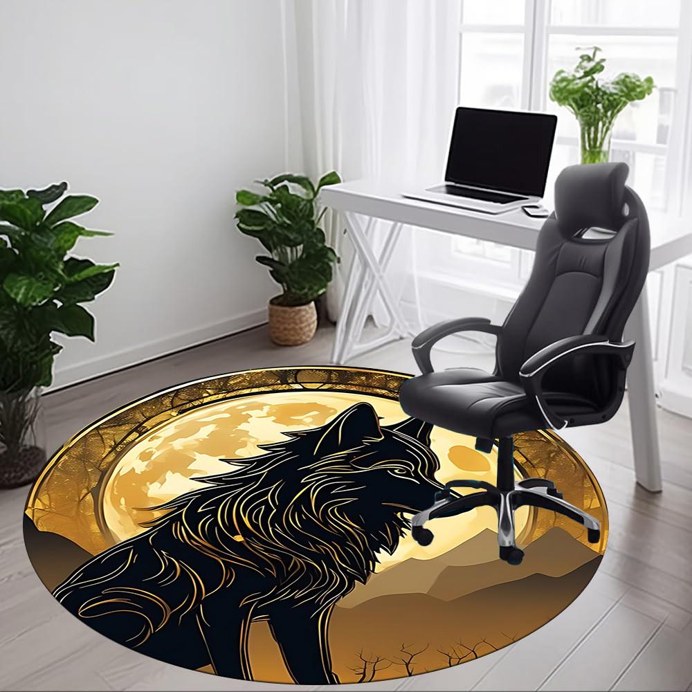 1pc Moon Wolf Office Round Area Rug, Under Office Chairs Bedroom Living Room Home Decor, Room Deco