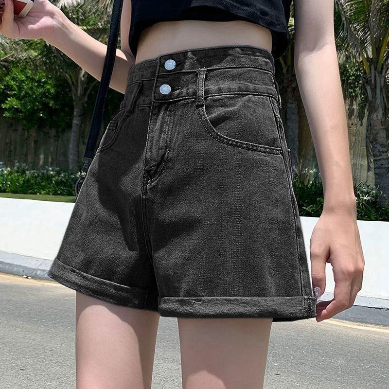 Pants Classic and Minimalist Fashion Versatile Thin Female High-waisted Double-breasted Thin Loose Wide-legged Pants Rolled Son Summer Denim Shorts