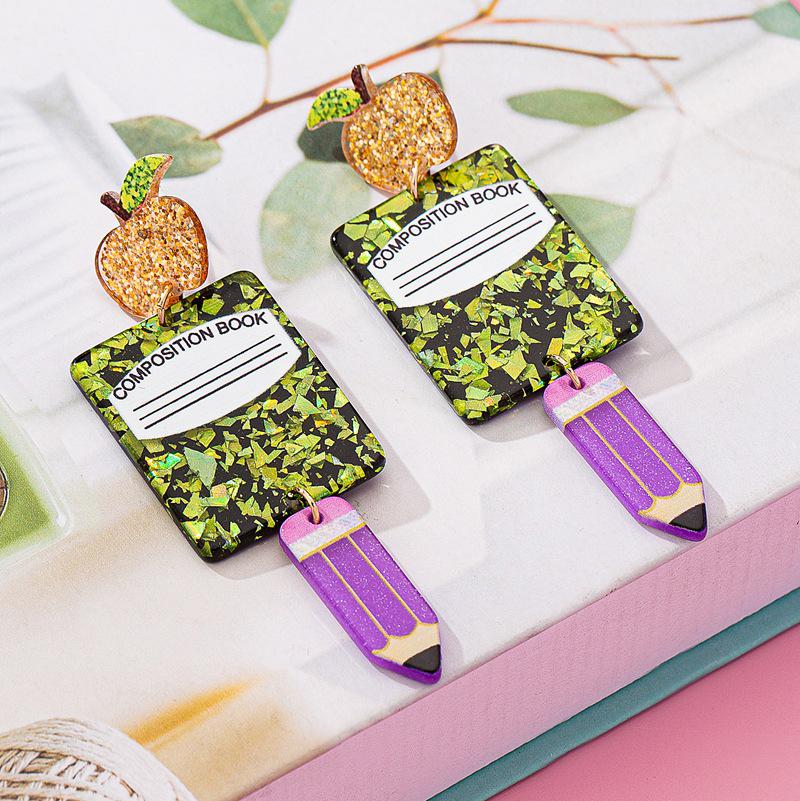 Стильные акриловые серьги-подвески - дизайн Яблоко, Книга, Ручка для шикарного европейского и американского образа