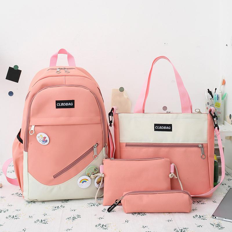 4 Pcs Sets Canvas Schoolbags Girls Women Backpackd Contrast Color Women Laptop Backpack Student Kids Rucksack Backpack