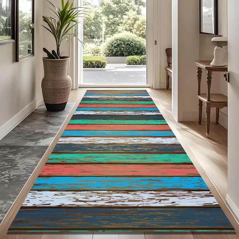 Colorful Distressed Wood Plank Runner Rug - Rustic Striped Floor Mat for Hallway, Entryway  Farmhouse Decor