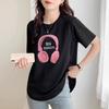 Summer Loose Women's Black Cotton Round Neck Short-sleeved T-shirt Curved Hem Slit Medium-length Butt Top